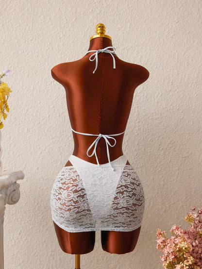 3pcs Women Fashion Bikini Set, Stylish Blue Crochet Lace Swimwear Mini Skirt Sarong Coverups Wedding Vacation Casual Elegant Outfit Beach White Summer