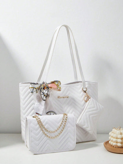 3pcs Women's Set: Shoulder Scarf, Tote Bag, Chain Shoulder Bag, Coin Purse, Quilted Bag