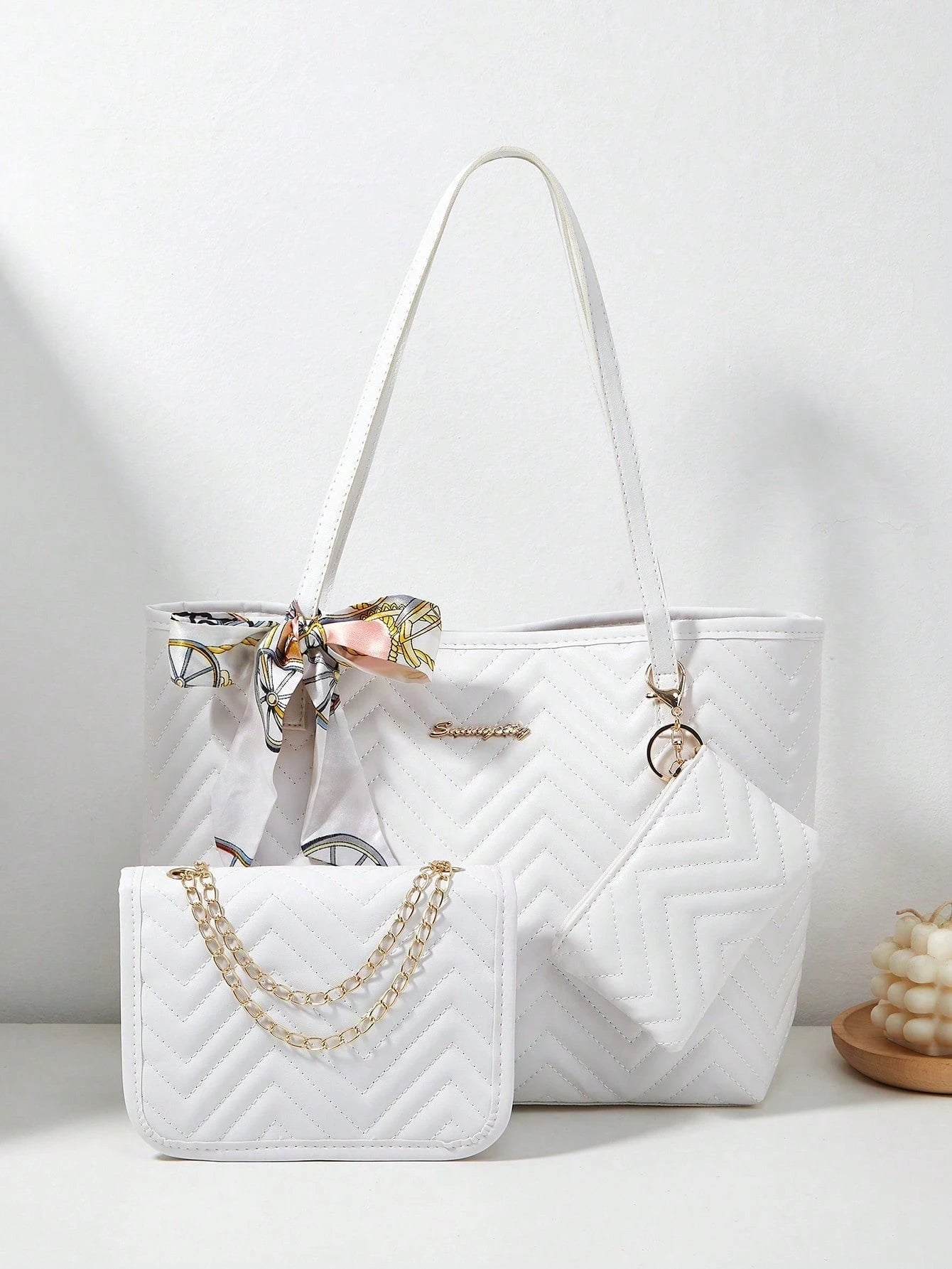 3pcs Women's Set: Shoulder Scarf, Tote Bag, Chain Shoulder Bag, Coin Purse, Quilted Bag