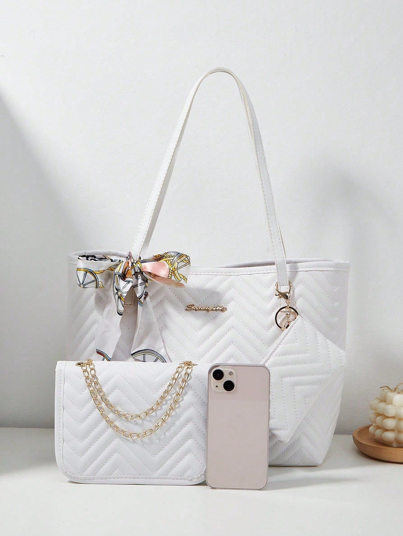 3pcs Women's Set: Shoulder Scarf, Tote Bag, Chain Shoulder Bag, Coin Purse, Quilted Bag