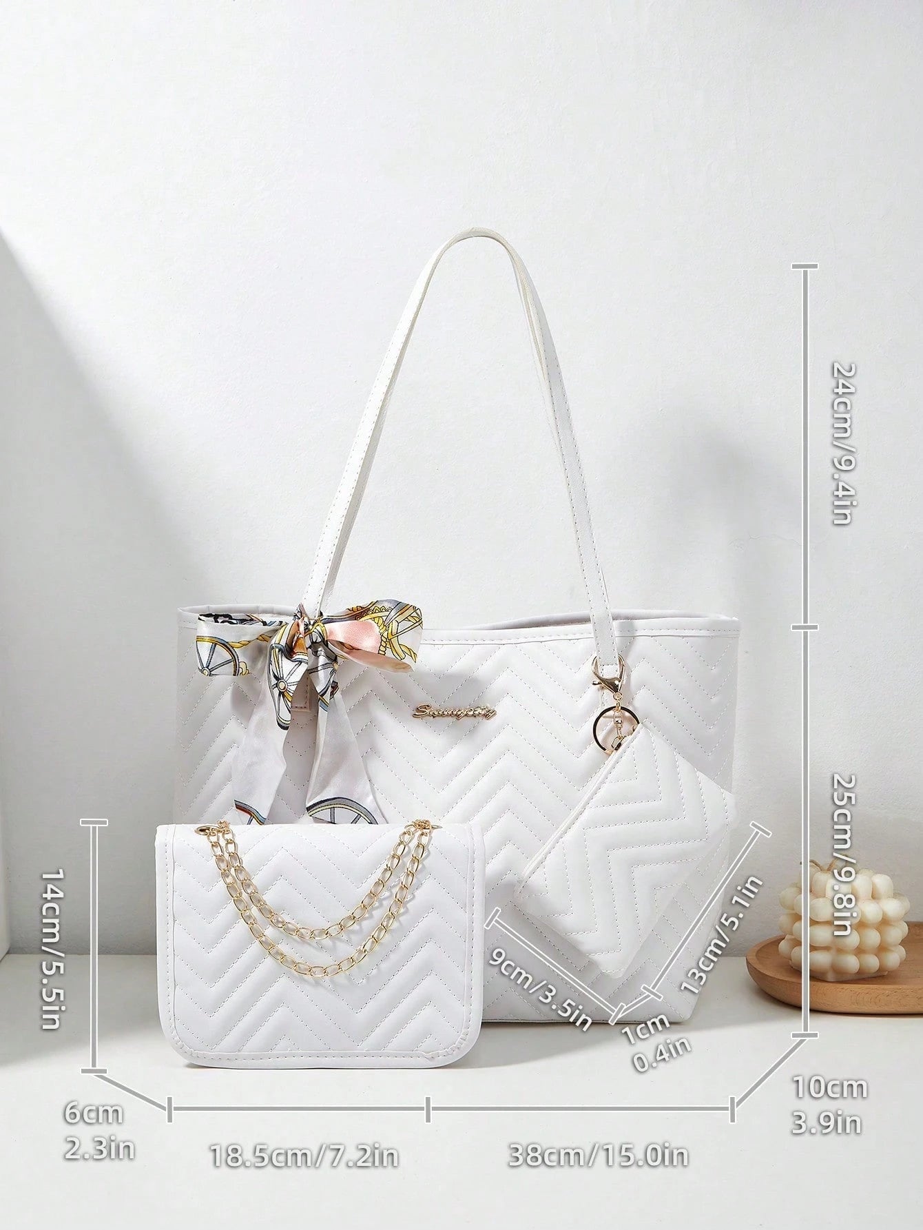 3pcs Women's Set: Shoulder Scarf, Tote Bag, Chain Shoulder Bag, Coin Purse, Quilted Bag