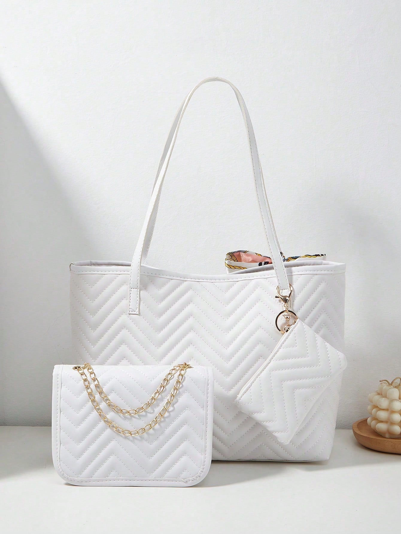 3pcs Women's Set: Shoulder Scarf, Tote Bag, Chain Shoulder Bag, Coin Purse, Quilted Bag