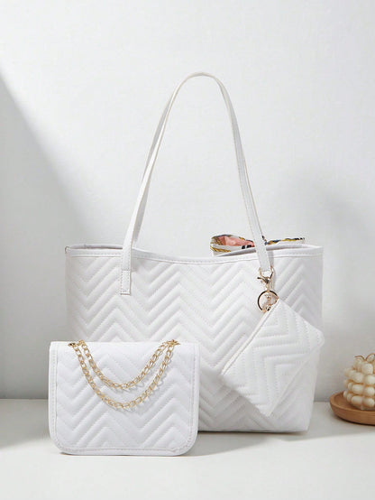 3pcs Women's Set: Shoulder Scarf, Tote Bag, Chain Shoulder Bag, Coin Purse, Quilted Bag