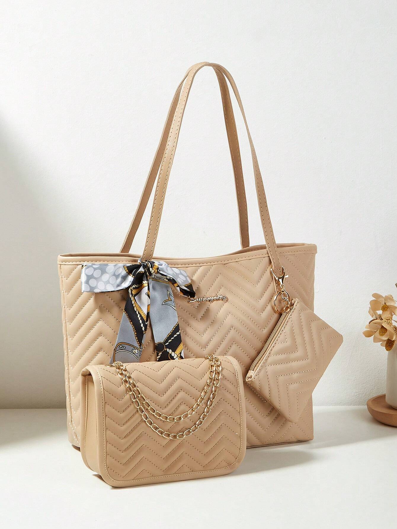 3pcs Women's Set: Shoulder Scarf, Tote Bag, Chain Shoulder Bag, Coin Purse, Quilted Bag