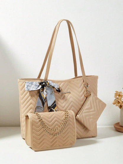 3pcs Women's Set: Shoulder Scarf, Tote Bag, Chain Shoulder Bag, Coin Purse, Quilted Bag