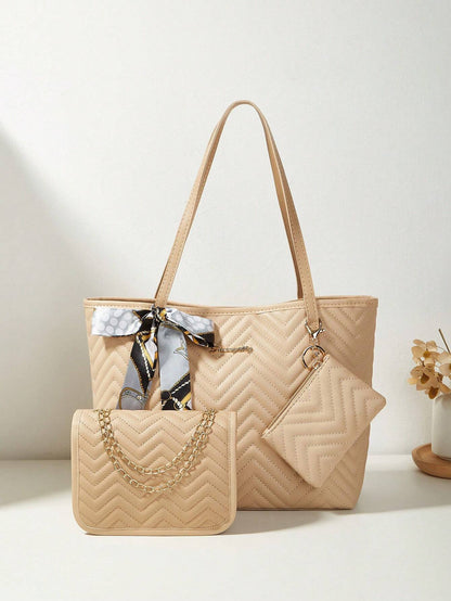 3pcs Women's Set: Shoulder Scarf, Tote Bag, Chain Shoulder Bag, Coin Purse, Quilted Bag