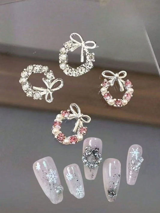4/8pcs New Bowknot Floral Wreath Nail Art Decor, Viral Super Shiny Luxury Japanese Style Nail Accessories With Diamonds And Rhinestones, Christmas Nail Decoration, Same As Nail Salon