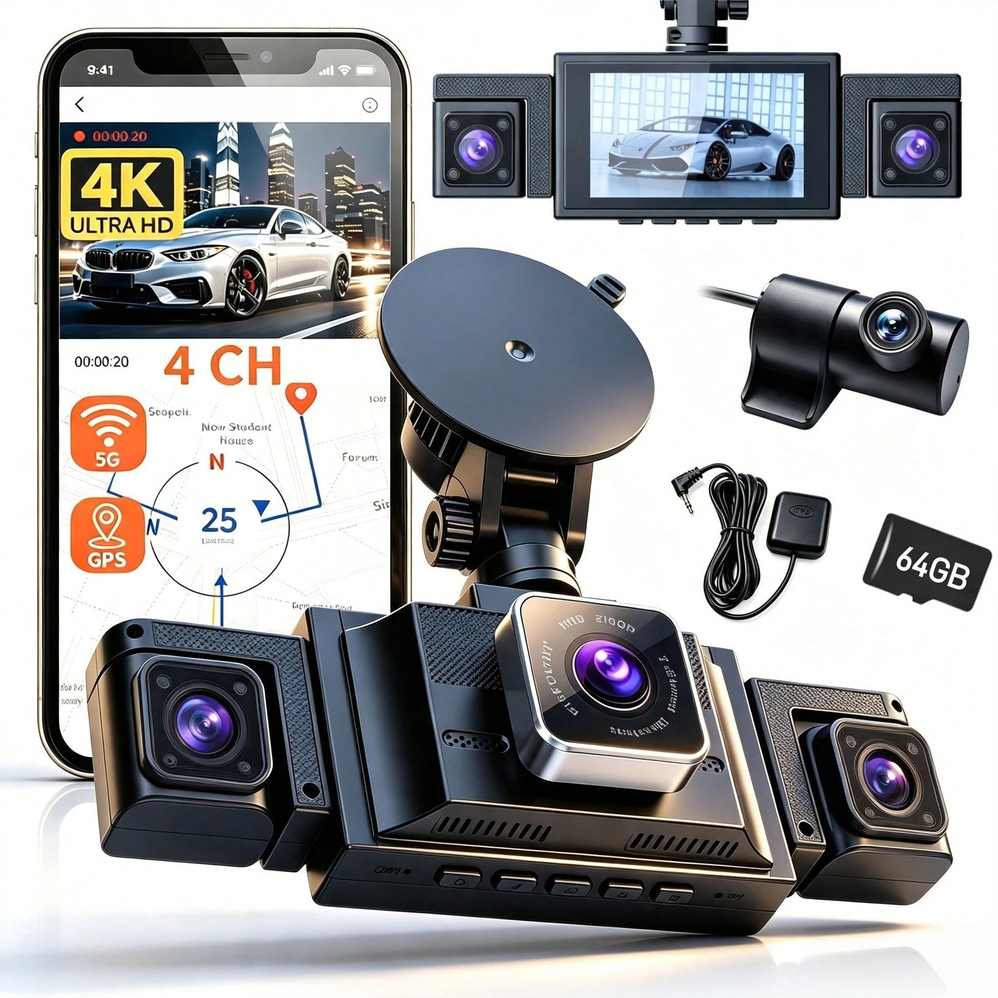 4 Channel Dash Cam Front And Rear 4K 360°View Dash Camera For Cars With GPS, G-Sensor, 5G WiFi, Loop Recording, App Control, 8 Lamps IR Night Vision, 24/7 Parking Mode, 64G Card