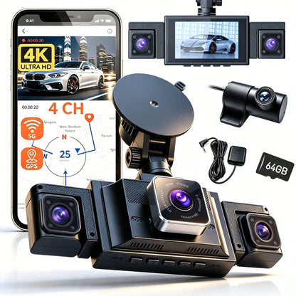 4 Channel Dash Cam Front And Rear 4K 360°View Dash Camera For Cars With GPS, G-Sensor, 5G WiFi, Loop Recording, App Control, 8 Lamps IR Night Vision, 24/7 Parking Mode, 64G Card