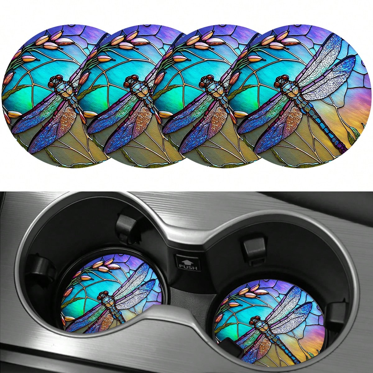 4 Pieces Of Dragonfly Car Coasters, 2.75-Inch Round PU Leather Decorative Car Coasters, Home And Car Water Cup Coasters- Beverage Mats, Men's And Women's Car Interior Accessories- Wheat Ear And Drag