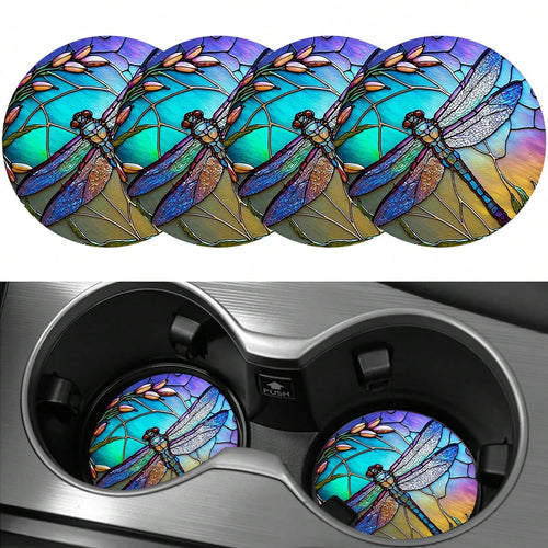 4 Pieces Of Dragonfly Car Coasters, 2.75-Inch Round PU Leather Decorative Car Coasters, Home And Car Water Cup Coasters- Beverage Mats, Men's And Women's Car Interior Accessories- Wheat Ear And Drag