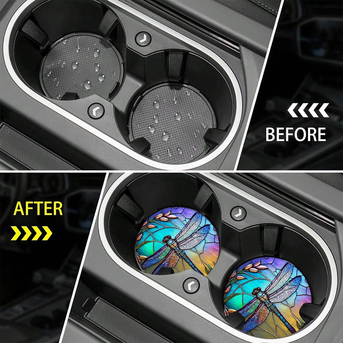 4 Pieces Of Dragonfly Car Coasters, 2.75-Inch Round PU Leather Decorative Car Coasters, Home And Car Water Cup Coasters- Beverage Mats, Men's And Women's Car Interior Accessories- Wheat Ear And Drag