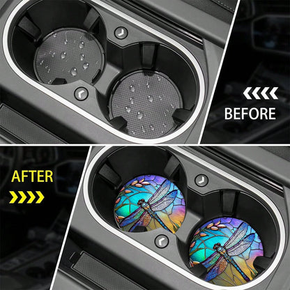 4 Pieces Of Dragonfly Car Coasters, 2.75-Inch Round PU Leather Decorative Car Coasters, Home And Car Water Cup Coasters- Beverage Mats, Men's And Women's Car Interior Accessories- Wheat Ear And Drag