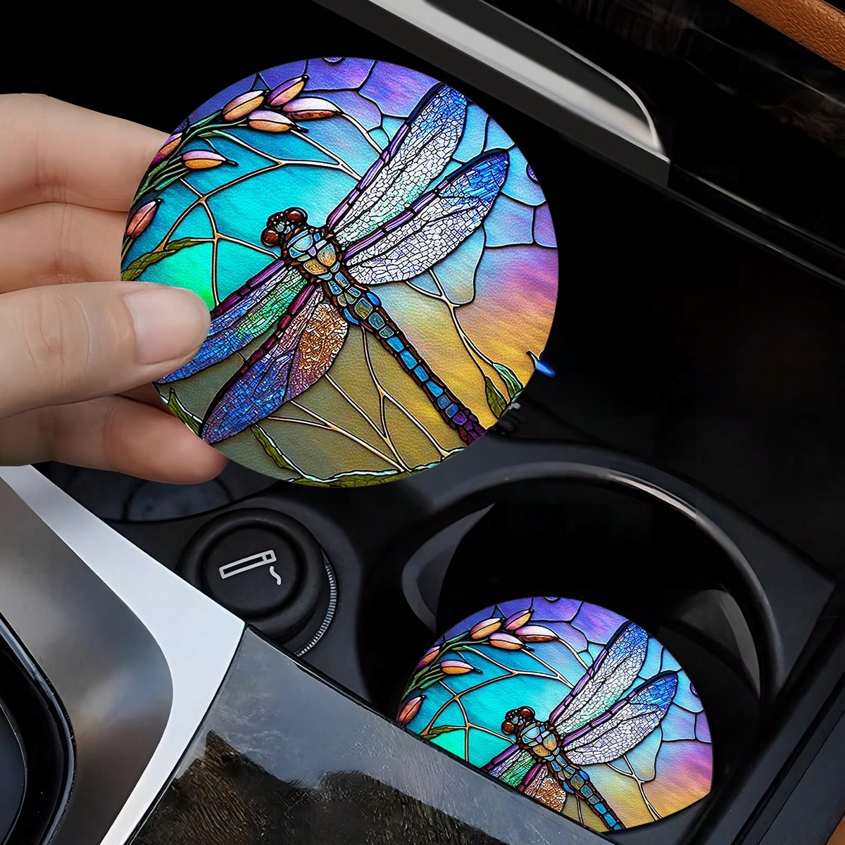4 Pieces Of Dragonfly Car Coasters, 2.75-Inch Round PU Leather Decorative Car Coasters, Home And Car Water Cup Coasters- Beverage Mats, Men's And Women's Car Interior Accessories- Wheat Ear And Drag