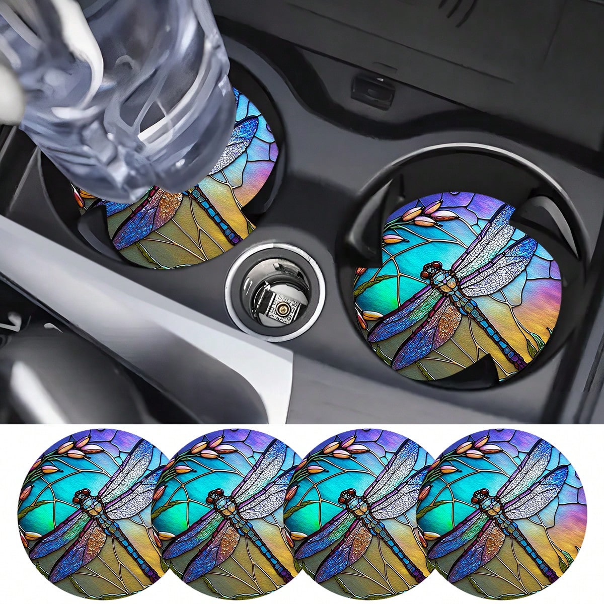 4 Pieces Of Dragonfly Car Coasters, 2.75-Inch Round PU Leather Decorative Car Coasters, Home And Car Water Cup Coasters- Beverage Mats, Men's And Women's Car Interior Accessories- Wheat Ear And Drag