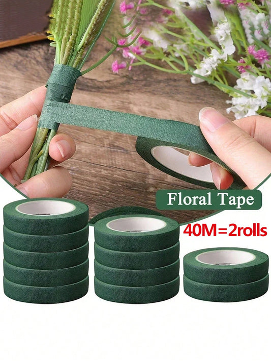 40m 2 Rolls Garden Tape, Green Floral Tape For Valentine's Day Bouquet, Flower Stem Paper Tape, Stamen Wrapping, DIY Handmade Material For Flower Shop, Wedding Supplies, Packaging, Mother's Day, Easte