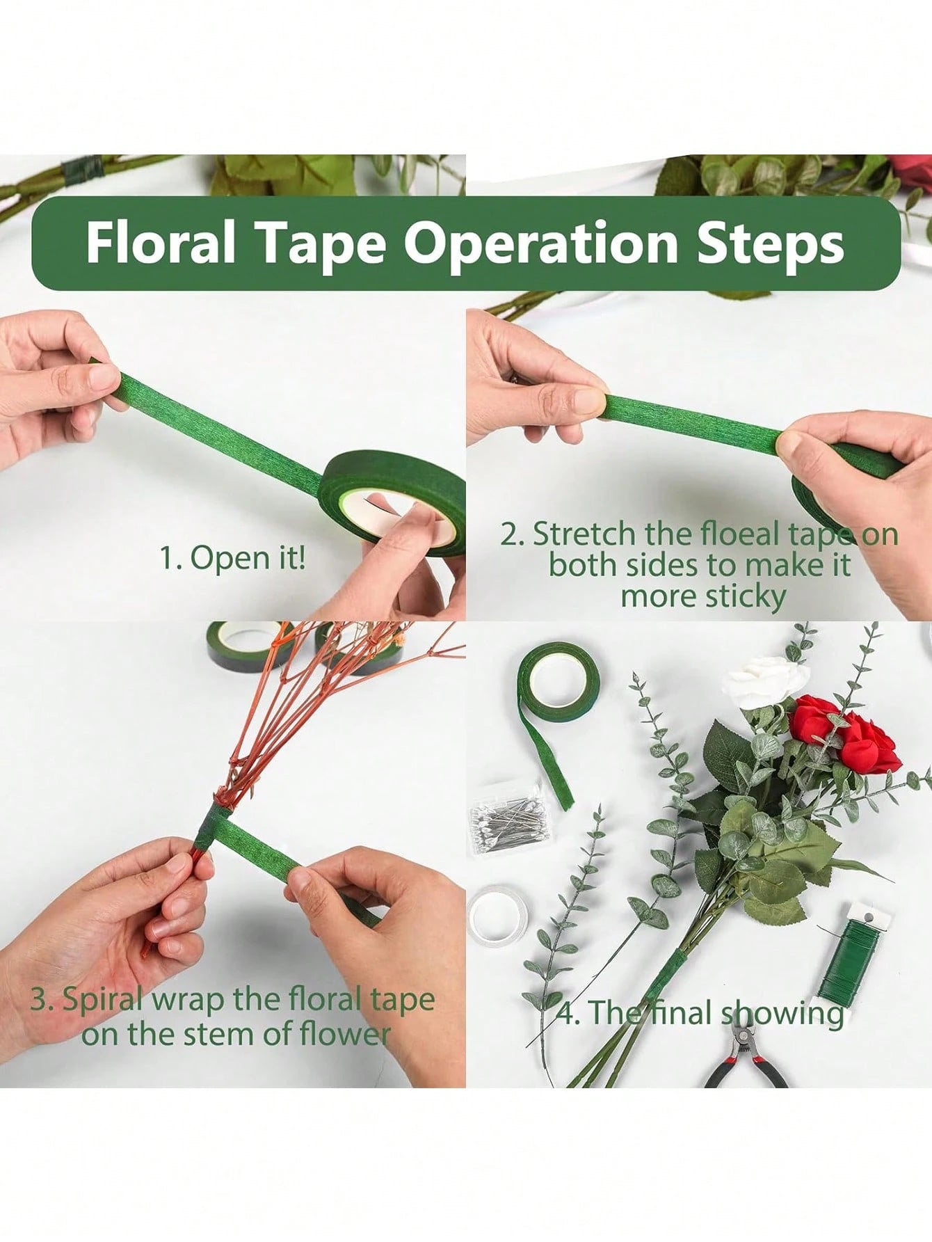 40m 2 Rolls Garden Tape, Green Floral Tape For Valentine's Day Bouquet, Flower Stem Paper Tape, Stamen Wrapping, DIY Handmade Material For Flower Shop, Wedding Supplies, Packaging, Mother's Day, Easte