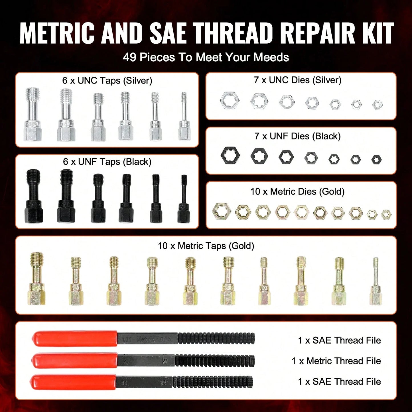 49-Piece Thread Chaser Set, UNC UNF And Metric Thread Restorer Tool, Rethreading Tool Kit With 22 Taps 24 Dies 3 Thread Files Storage Case, Heat Treated Steel, For Mechanics DIY Enthusiasts