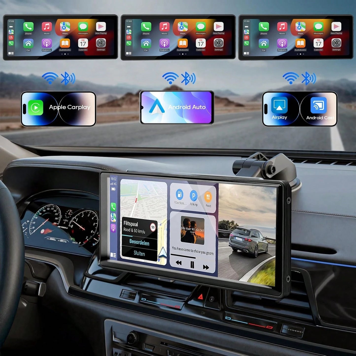 4K Front And Rear Dash Cameras, With Suction Cup-Style Mounting Bracket And TF Card Included. It Has Real-Time GPS Navigation Function And Speed Limit Reminder. Supports CarPlay And Android Auto.