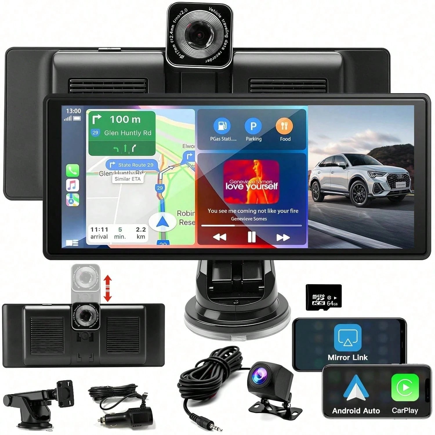 4K Front And Rear Dash Cameras, With Suction Cup-Style Mounting Bracket And TF Card Included. It Has Real-Time GPS Navigation Function And Speed Limit Reminder. Supports CarPlay And Android Auto.