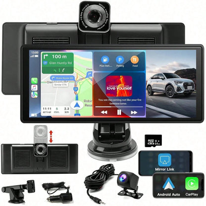 4K Front And Rear Dash Cameras, With Suction Cup-Style Mounting Bracket And TF Card Included. It Has Real-Time GPS Navigation Function And Speed Limit Reminder. Supports CarPlay And Android Auto.