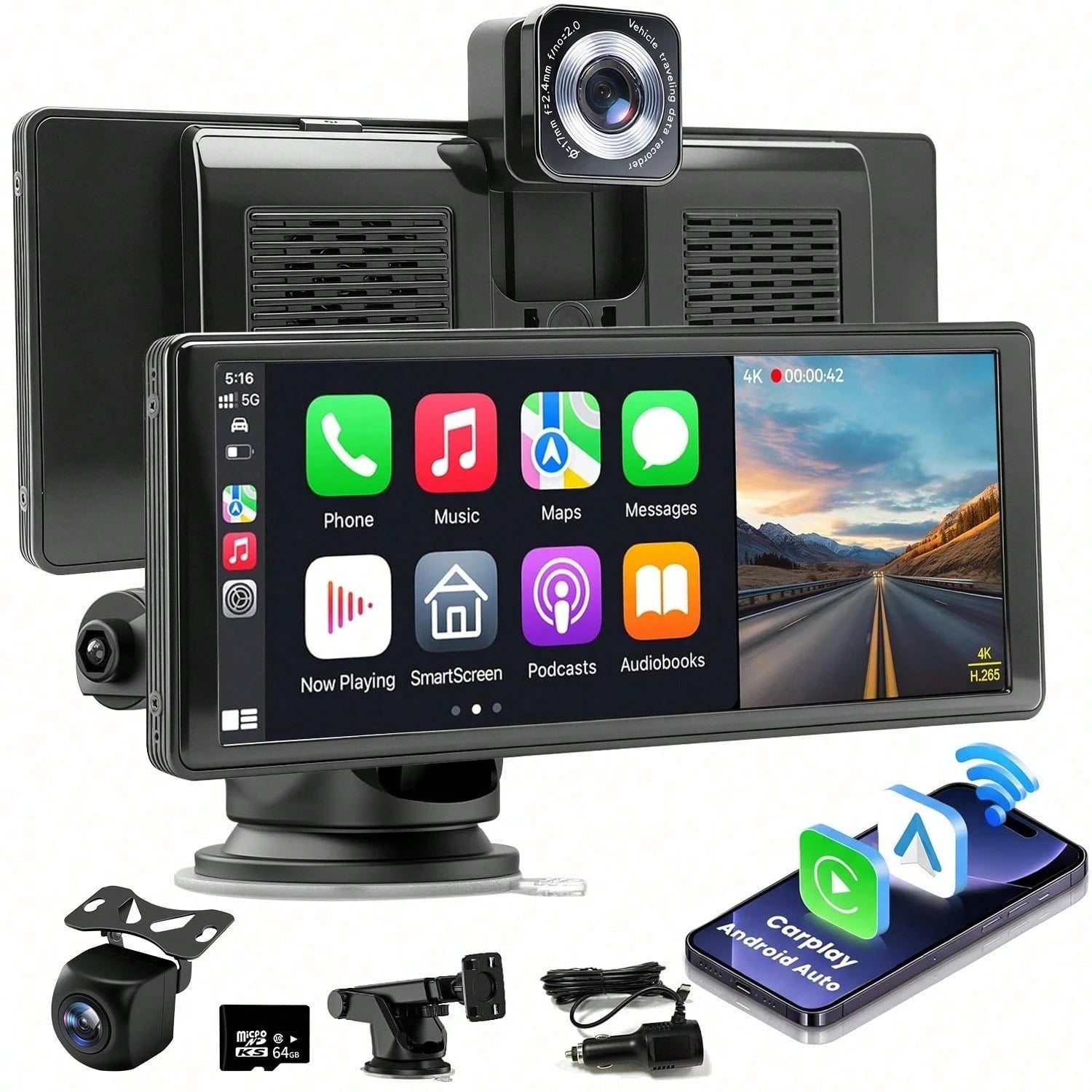 4K Front And Rear Dash Cameras, With Suction Cup-Style Mounting Bracket And TF Card Included. It Has Real-Time GPS Navigation Function And Speed Limit Reminder. Supports CarPlay And Android Auto.
