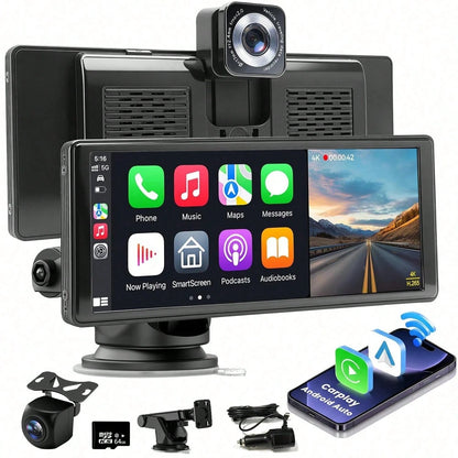 4K Front And Rear Dash Cameras, With Suction Cup-Style Mounting Bracket And TF Card Included. It Has Real-Time GPS Navigation Function And Speed Limit Reminder. Supports CarPlay And Android Auto.
