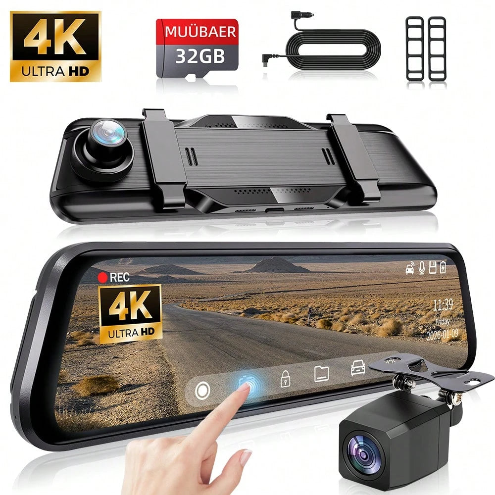 4K Mirror Dash Cam Front And Rear, 9.66" 2.5D Curved Touch Screen, Auto Dimming Anti-Glare, Super Night Vision, 170° Wide Angle, Backup Camera, 32GB Card Included