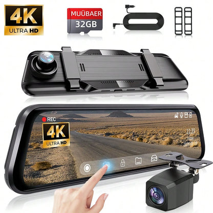 4K Mirror Dash Cam Front And Rear, 9.66" 2.5D Curved Touch Screen, Auto Dimming Anti-Glare, Super Night Vision, 170° Wide Angle, Backup Camera, 32GB Card Included