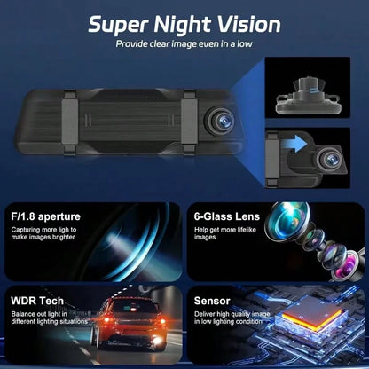 4K Mirror Dash Cam Front And Rear, 9.66" 2.5D Curved Touch Screen, Auto Dimming Anti-Glare, Super Night Vision, 170° Wide Angle, Backup Camera, 32GB Card Included
