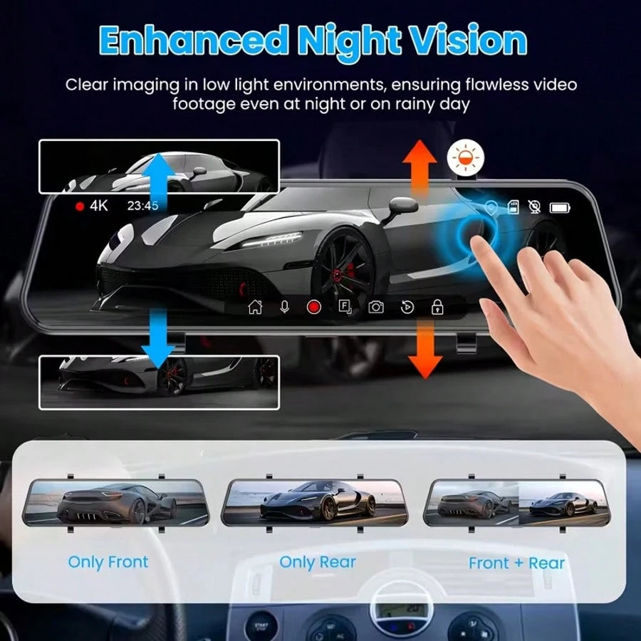 4K Mirror Dash Cam Front And Rear, 9.66" 2.5D Curved Touch Screen, Auto Dimming Anti-Glare, Super Night Vision, 170° Wide Angle, Backup Camera, 32GB Card Included