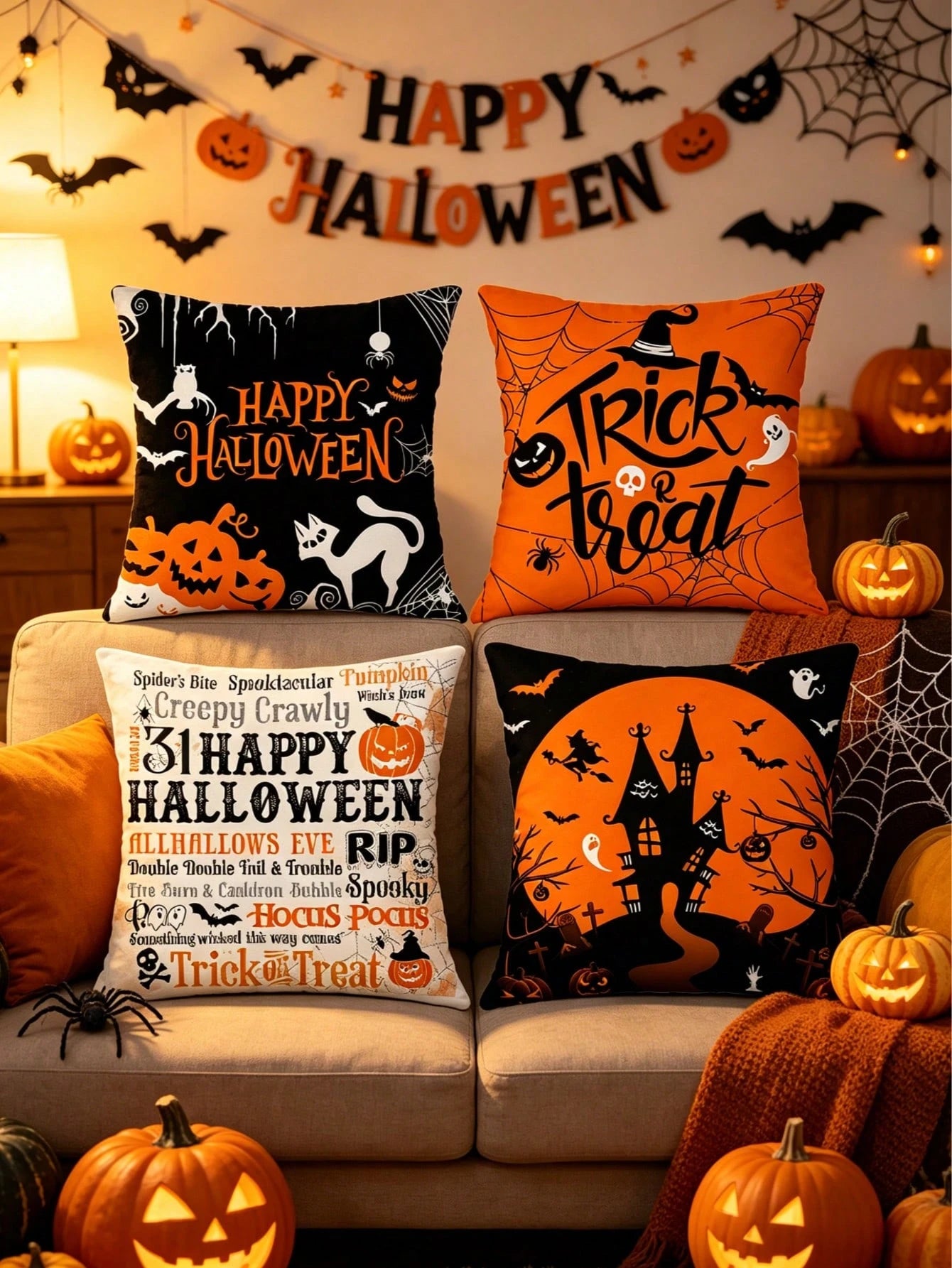 4pcs/1pc Halloween Theme Printed Pillow Covers- Pumpkin, Ghost, Spider Web, Witch, Castle Print Design, Halloween Decorative Cushion Covers For Room Decor, Living Room Decor, Sofa And Bedroom| 18x18