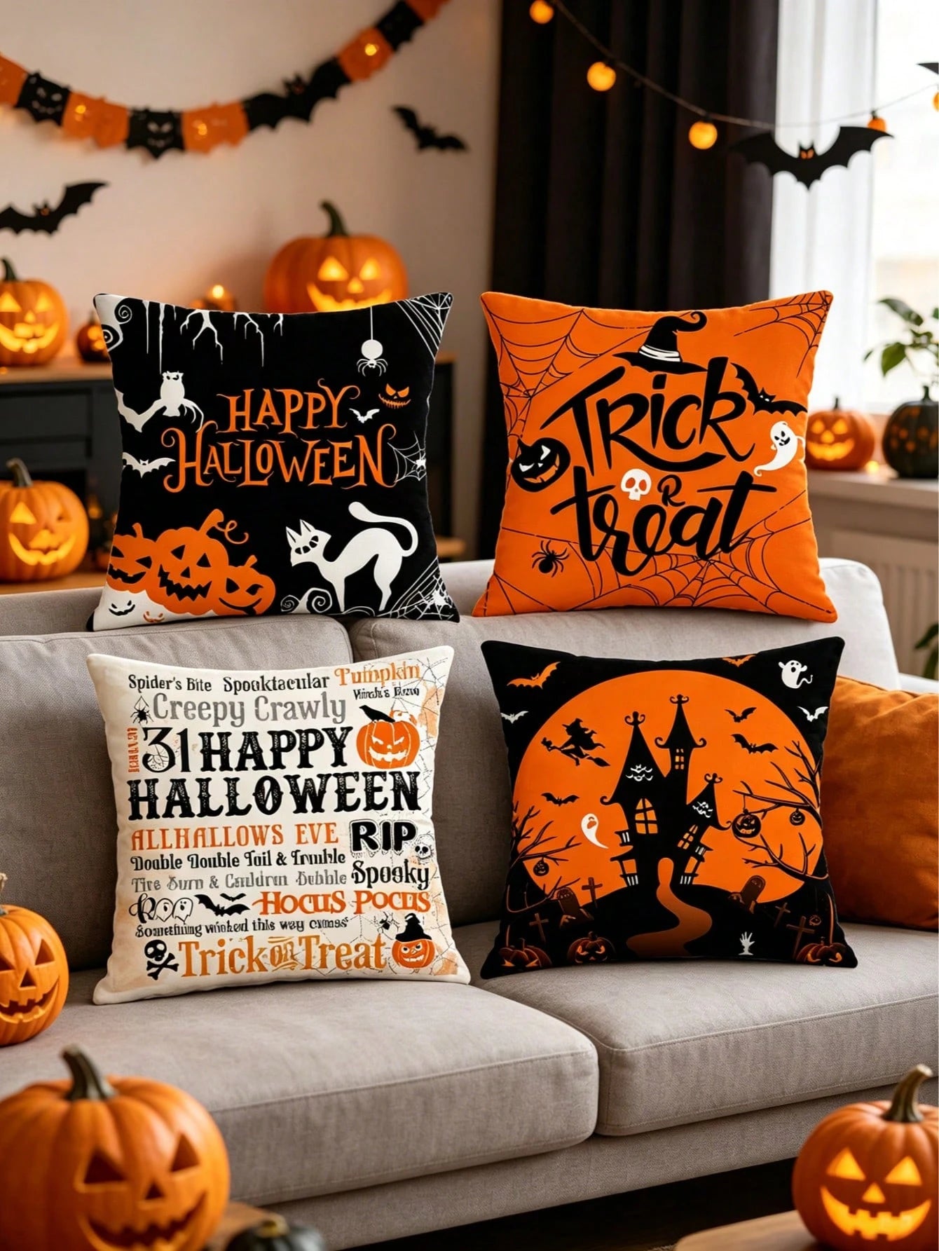 4pcs/1pc Halloween Theme Printed Pillow Covers- Pumpkin, Ghost, Spider Web, Witch, Castle Print Design, Halloween Decorative Cushion Covers For Room Decor, Living Room Decor, Sofa And Bedroom| 18x18