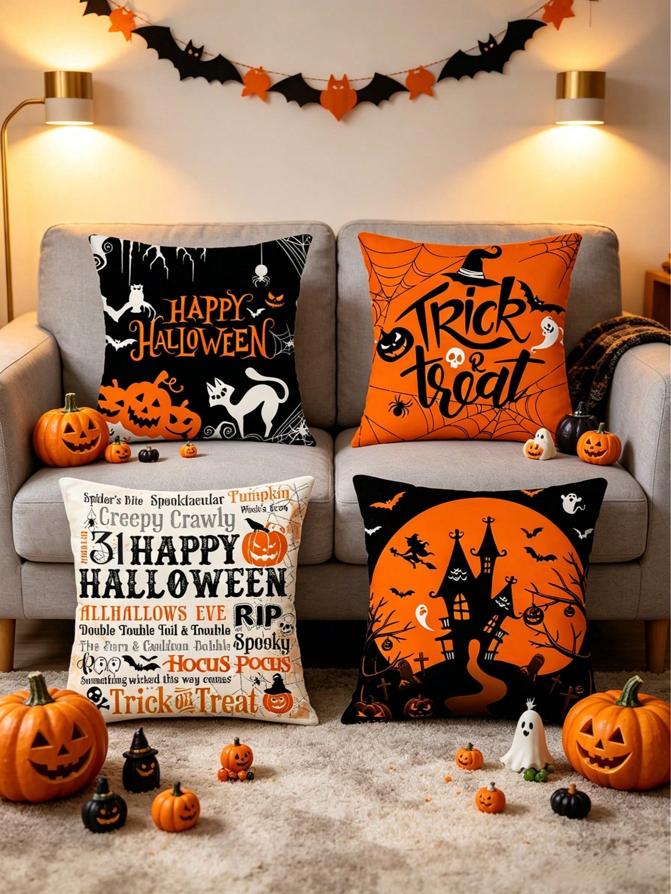 4pcs/1pc Halloween Theme Printed Pillow Covers- Pumpkin, Ghost, Spider Web, Witch, Castle Print Design, Halloween Decorative Cushion Covers For Room Decor, Living Room Decor, Sofa And Bedroom| 18x18