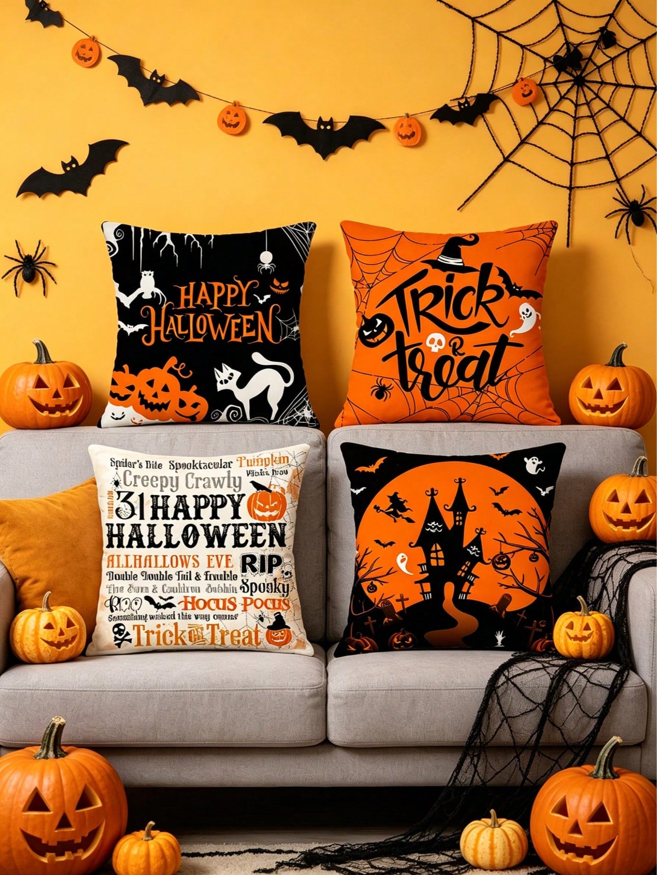 4pcs/1pc Halloween Theme Printed Pillow Covers- Pumpkin, Ghost, Spider Web, Witch, Castle Print Design, Halloween Decorative Cushion Covers For Room Decor, Living Room Decor, Sofa And Bedroom| 18x18