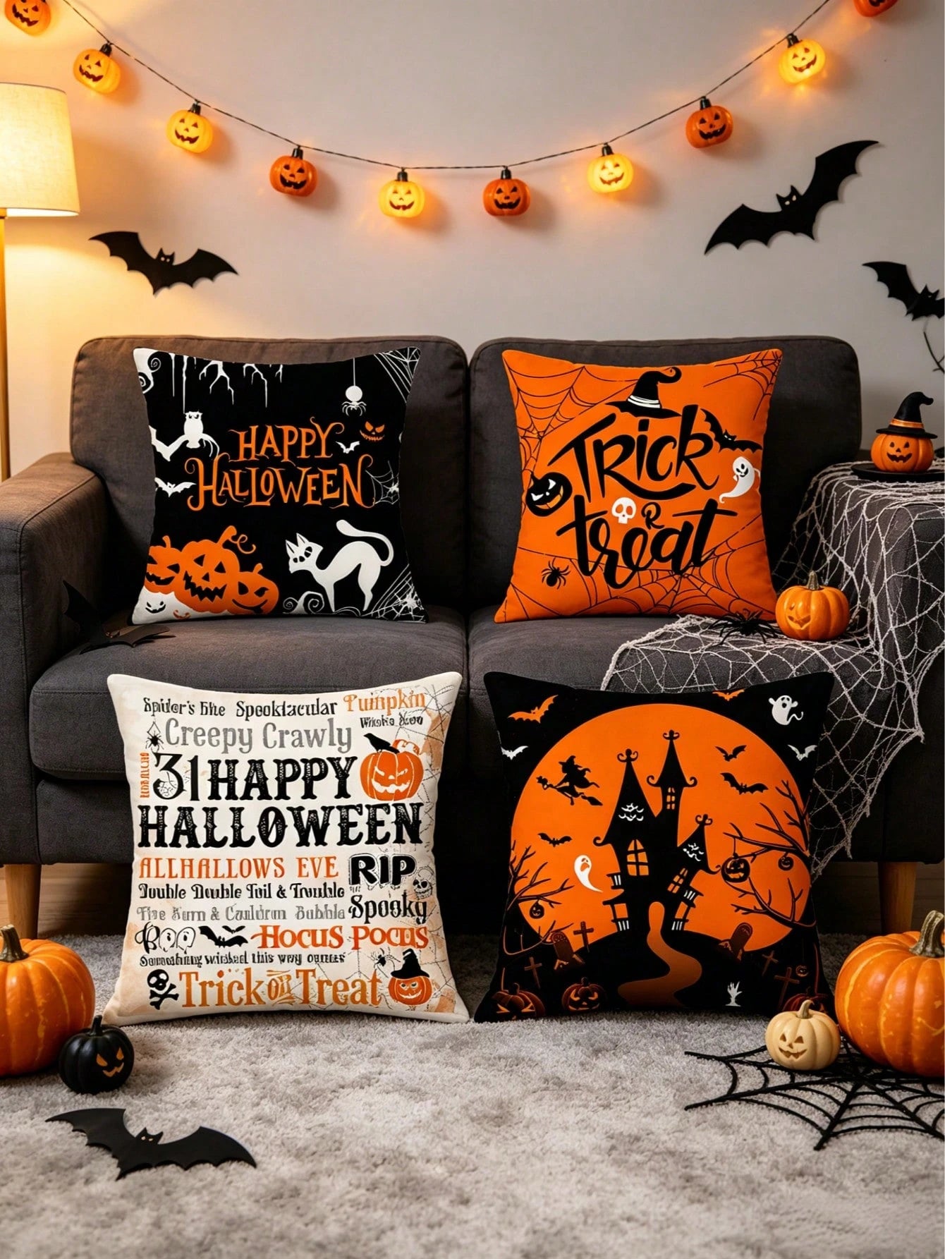 4pcs/1pc Halloween Theme Printed Pillow Covers- Pumpkin, Ghost, Spider Web, Witch, Castle Print Design, Halloween Decorative Cushion Covers For Room Decor, Living Room Decor, Sofa And Bedroom| 18x18