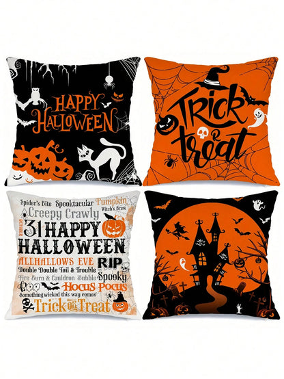 4pcs/1pc Halloween Theme Printed Pillow Covers- Pumpkin, Ghost, Spider Web, Witch, Castle Print Design, Halloween Decorative Cushion Covers For Room Decor, Living Room Decor, Sofa And Bedroom| 18x18