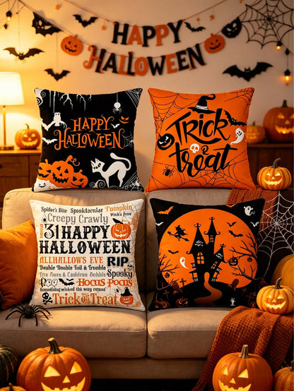 4pcs/1pc Halloween Theme Printed Pillow Covers- Pumpkin, Ghost, Spider Web, Witch, Castle Print Design, Halloween Decorative Cushion Covers For Room Decor, Living Room Decor, Sofa And Bedroom| 18x18