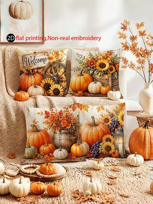 4pcs, 2D Flat Print Autumn Pumpkin Throw Pillow Covers, Non-Real Embroidery Farmhouse Sunflower Cushion Covers, 17.7x17.7 Inches, Autumn Thanksgiving Home Decor Pillowcases, For Sofa Living Room Bedro