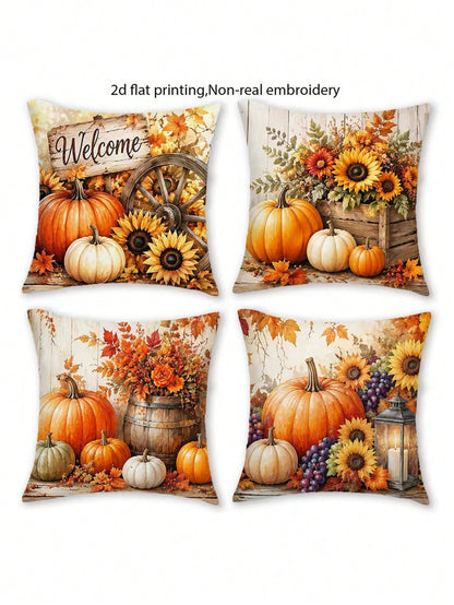 4pcs, 2D Flat Print Autumn Pumpkin Throw Pillow Covers, Non-Real Embroidery Farmhouse Sunflower Cushion Covers, 17.7x17.7 Inches, Autumn Thanksgiving Home Decor Pillowcases, For Sofa Living Room Bedro