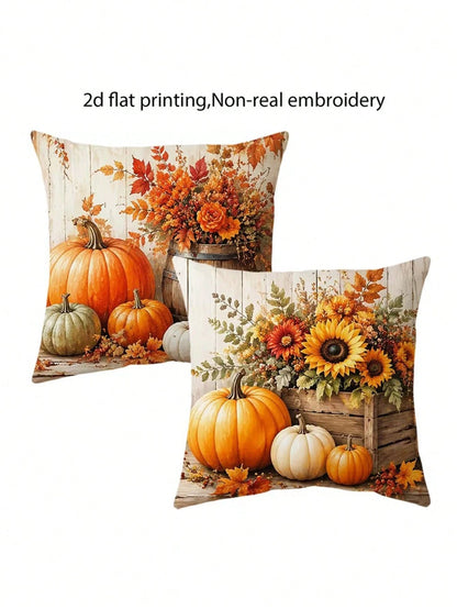 4pcs, 2D Flat Print Autumn Pumpkin Throw Pillow Covers, Non-Real Embroidery Farmhouse Sunflower Cushion Covers, 17.7x17.7 Inches, Autumn Thanksgiving Home Decor Pillowcases, For Sofa Living Room Bedro