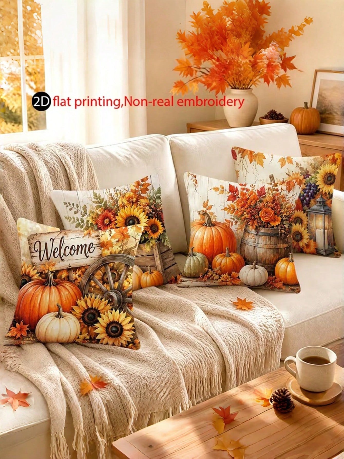 4pcs, 2D Flat Print Autumn Pumpkin Throw Pillow Covers, Non-Real Embroidery Farmhouse Sunflower Cushion Covers, 17.7x17.7 Inches, Autumn Thanksgiving Home Decor Pillowcases, For Sofa Living Room Bedro