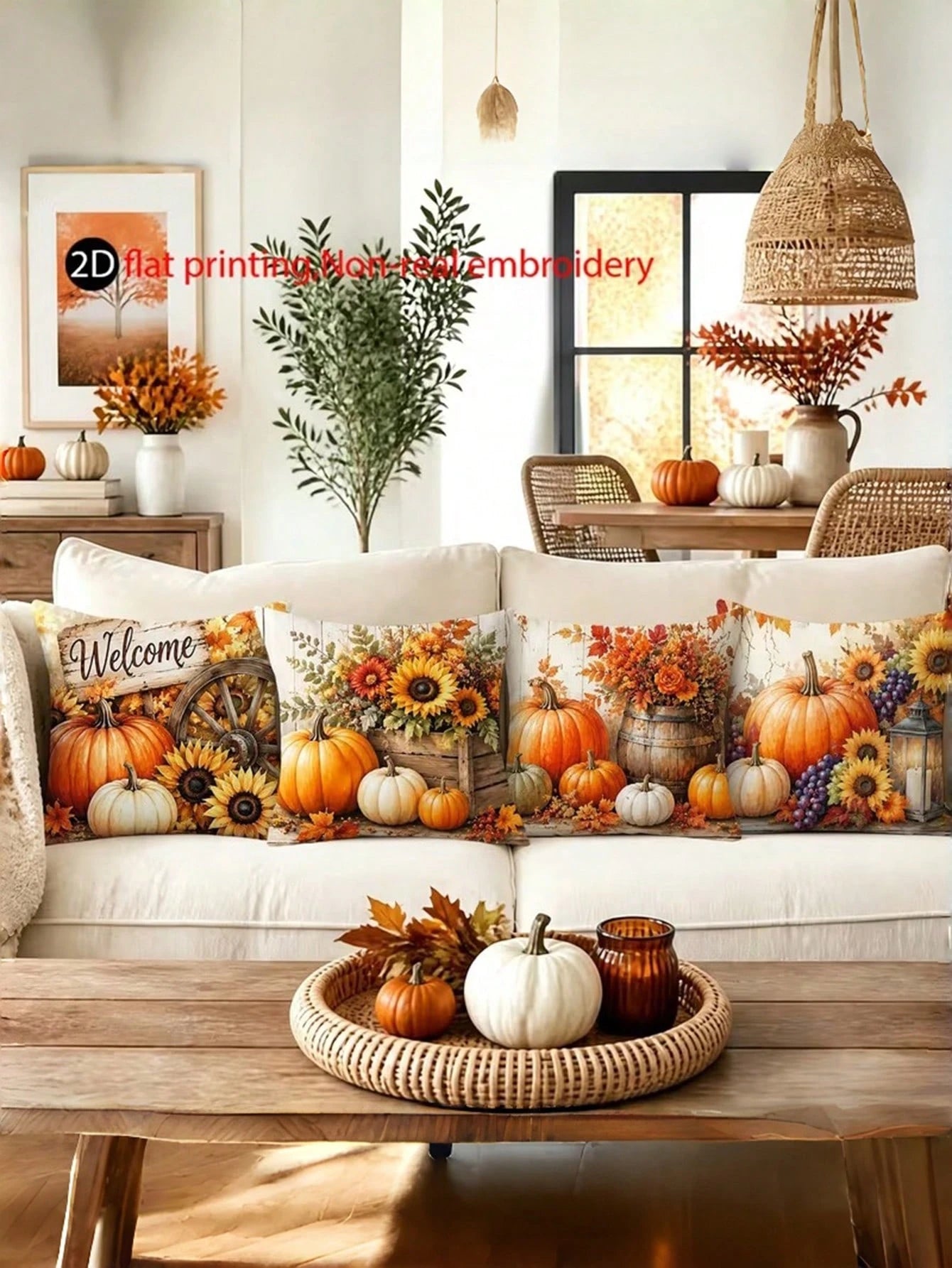 4pcs, 2D Flat Print Autumn Pumpkin Throw Pillow Covers, Non-Real Embroidery Farmhouse Sunflower Cushion Covers, 17.7x17.7 Inches, Autumn Thanksgiving Home Decor Pillowcases, For Sofa Living Room Bedro