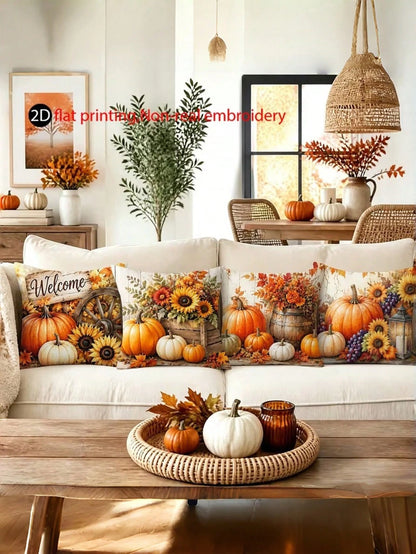 4pcs, 2D Flat Print Autumn Pumpkin Throw Pillow Covers, Non-Real Embroidery Farmhouse Sunflower Cushion Covers, 17.7x17.7 Inches, Autumn Thanksgiving Home Decor Pillowcases, For Sofa Living Room Bedro