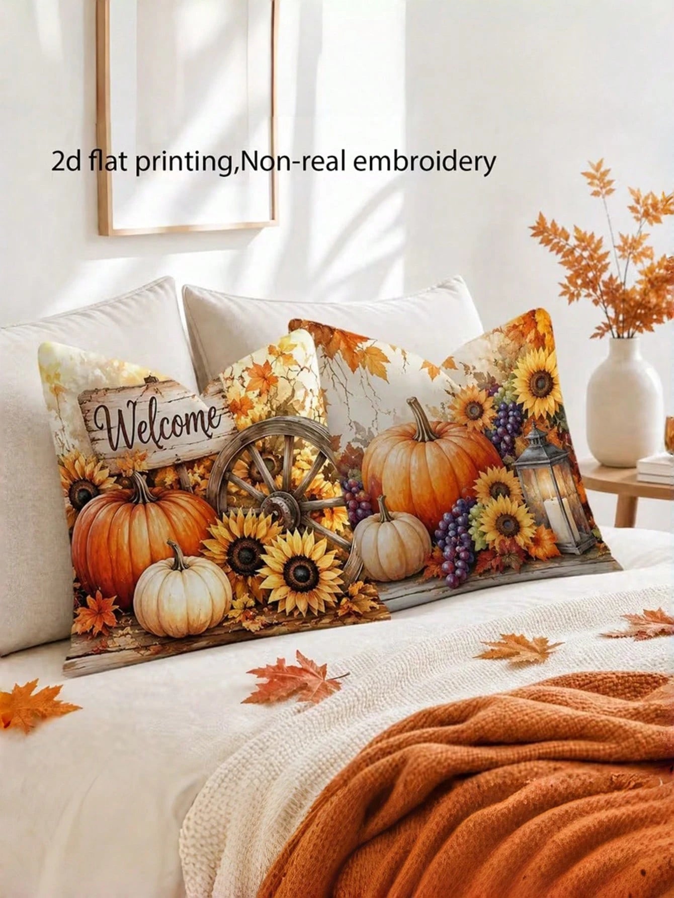 4pcs, 2D Flat Print Autumn Pumpkin Throw Pillow Covers, Non-Real Embroidery Farmhouse Sunflower Cushion Covers, 17.7x17.7 Inches, Autumn Thanksgiving Home Decor Pillowcases, For Sofa Living Room Bedro