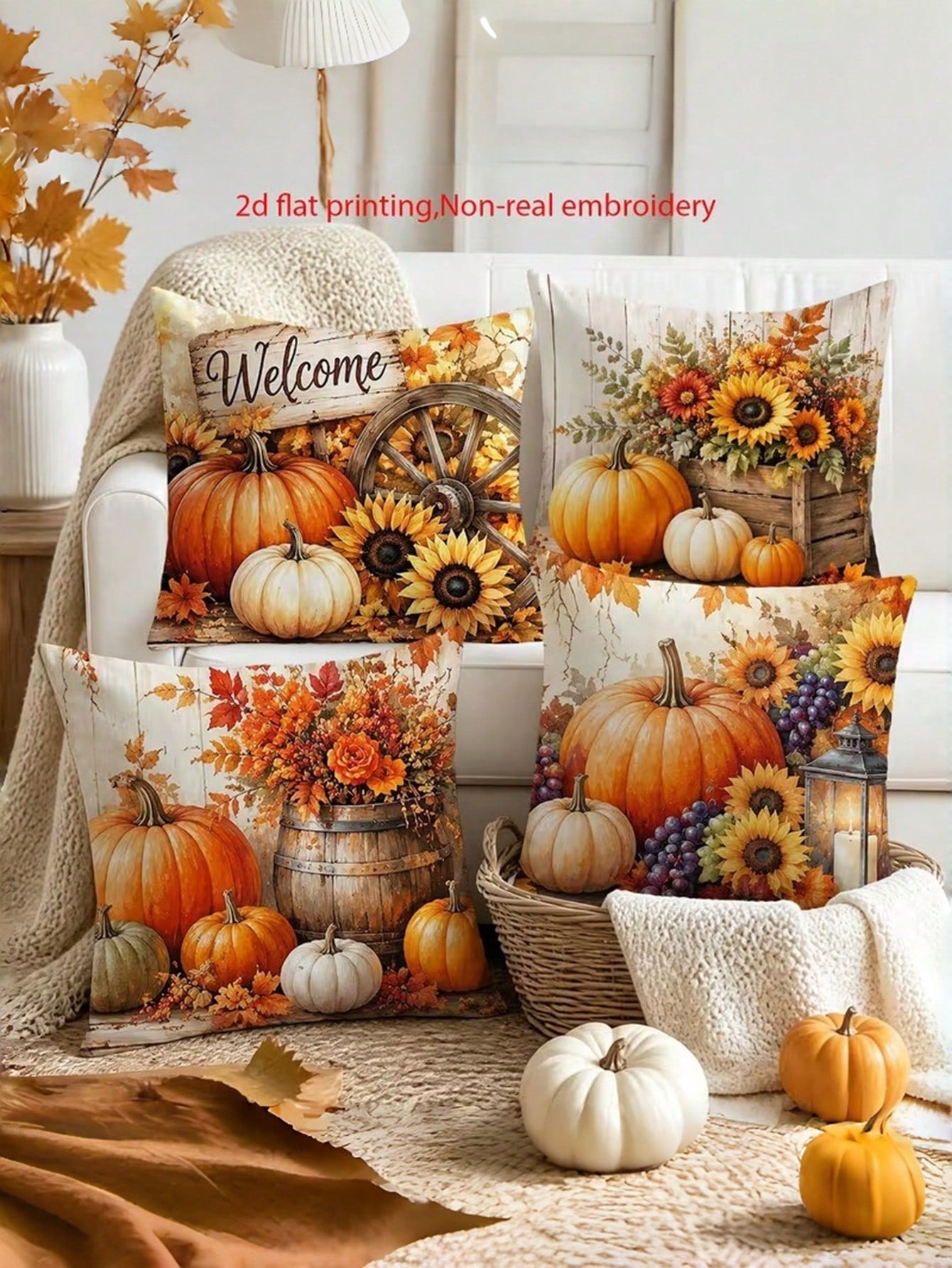 4pcs, 2D Flat Print Autumn Pumpkin Throw Pillow Covers, Non-Real Embroidery Farmhouse Sunflower Cushion Covers, 17.7x17.7 Inches, Autumn Thanksgiving Home Decor Pillowcases, For Sofa Living Room Bedro