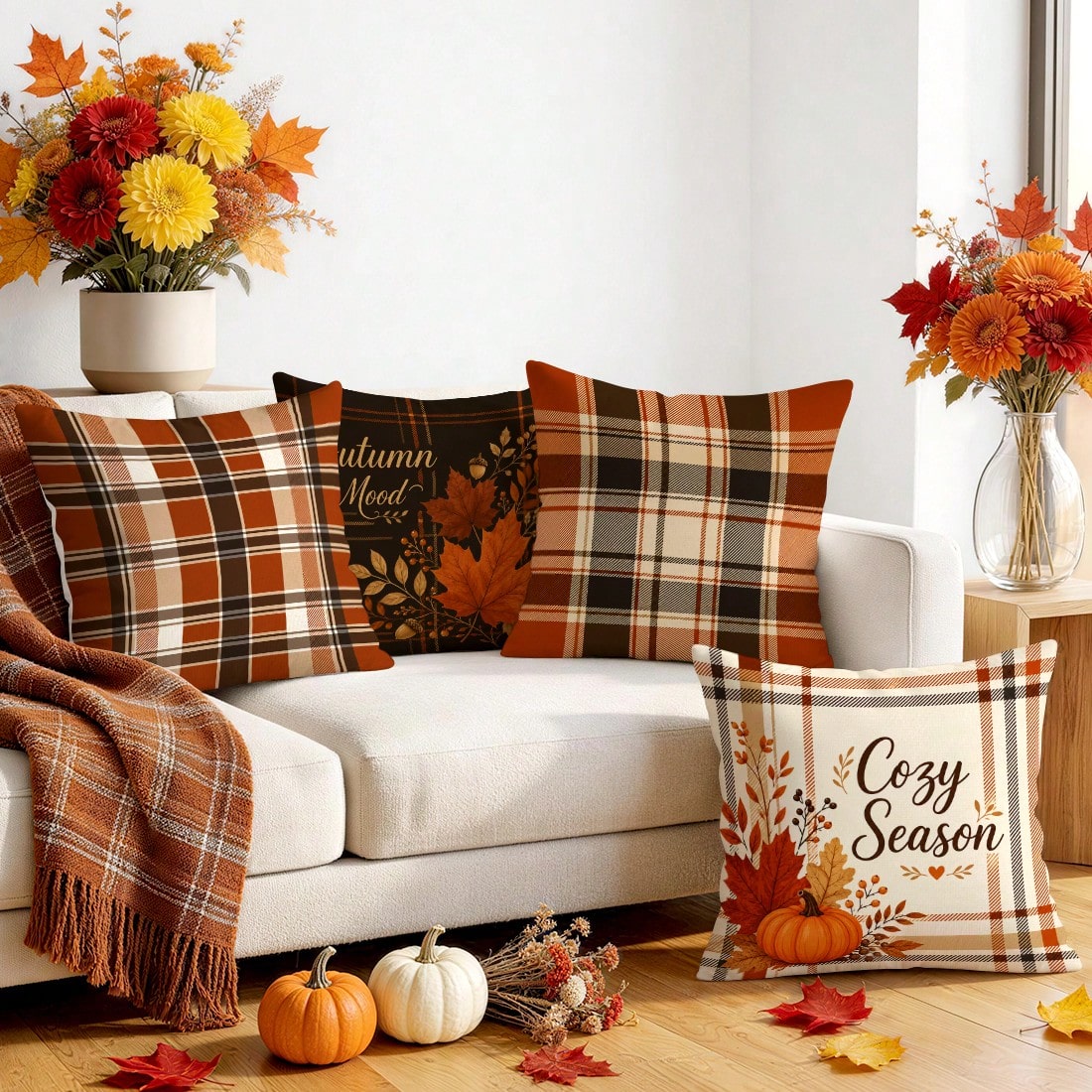 4pcs Autumn Buffalo Plaid Throw Pillow Covers, Maple Leaf & Pumpkin Decorative Pattern Without Inserts, Single-Sided Printed Pillow Covers, Suitable For Living Room, Bedroom, Home Decor, All-Season Pi