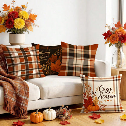 4pcs Autumn Buffalo Plaid Throw Pillow Covers, Maple Leaf & Pumpkin Decorative Pattern Without Inserts, Single-Sided Printed Pillow Covers, Suitable For Living Room, Bedroom, Home Decor, All-Season Pi