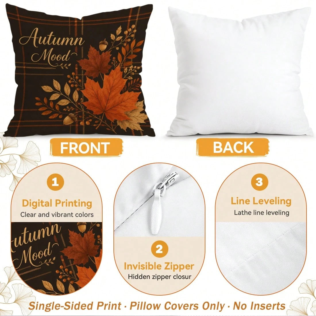 4pcs Autumn Buffalo Plaid Throw Pillow Covers, Maple Leaf & Pumpkin Decorative Pattern Without Inserts, Single-Sided Printed Pillow Covers, Suitable For Living Room, Bedroom, Home Decor, All-Season Pi