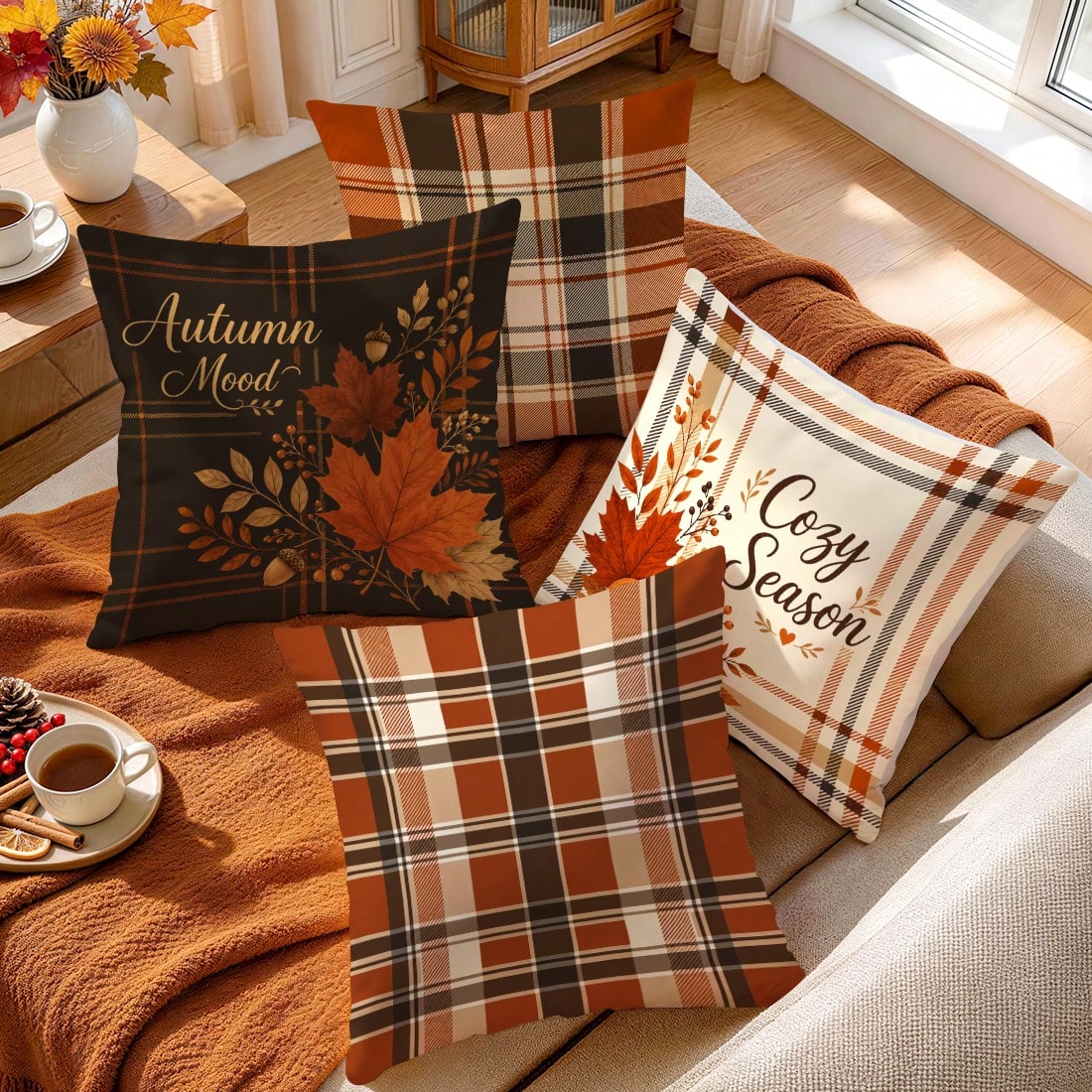 4pcs Autumn Buffalo Plaid Throw Pillow Covers, Maple Leaf & Pumpkin Decorative Pattern Without Inserts, Single-Sided Printed Pillow Covers, Suitable For Living Room, Bedroom, Home Decor, All-Season Pi